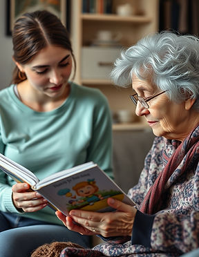 Create an image of a young adult woman reading a story from a book to an elderly woman..jpg