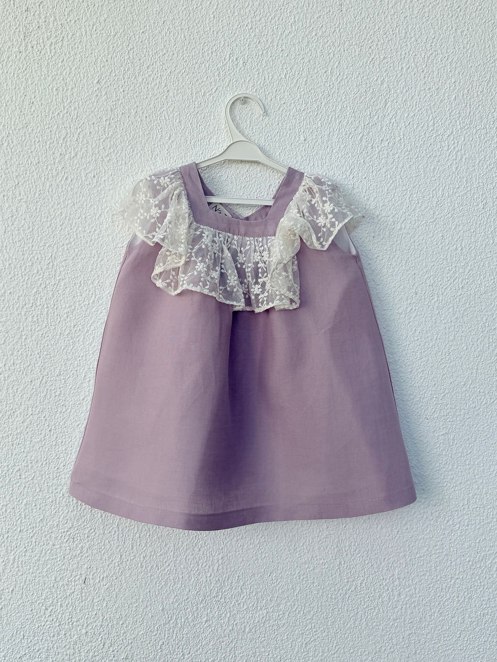 Miniatura: Vestido de Linho Malva Decote Quadrado com Renda