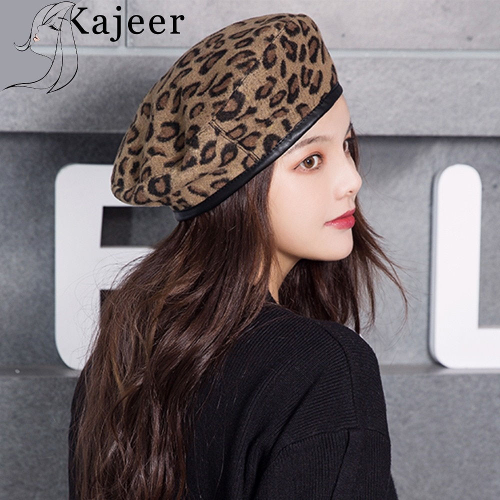 Kajeer Leopard Beret Female Autumn Winter Hats For Women Vintage Painter Flat