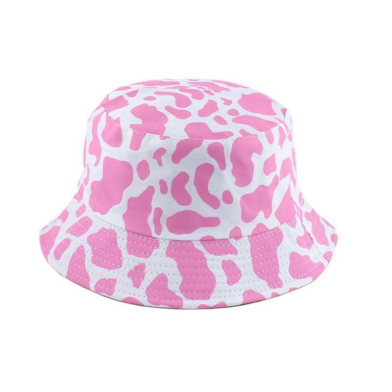 2021 New Fashion Korean Pink Cow Print Bucket Hat Women Reversible Fishing Cap 