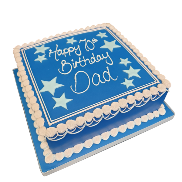 A stunning square cake adorned with decorative stars, perfect for any celebration or special occasion.