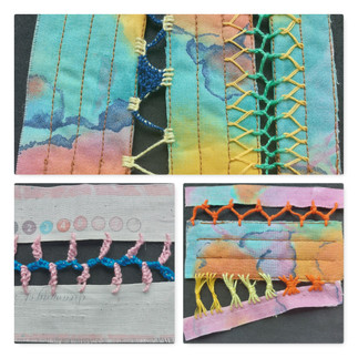 Stitch 22 Challenge - Insertion Stitch Panel 1 Scraps of Fabric. Edges joined using buttonhole insertion stitch and twisted Insertion knot stitch. To decorate some of the buttonhole insertion stitches I used detached buttonhole stitch and buttonhole stitch. I extended the twisted Insertion knot stitch into the fabric using herringbone stitch. Panel 2 Fabric Selvage joined using italian buttonhole insertion stitch. Panel 3 Fabric Selvage and Scraps joined using knotted insertion stitch and sheaf filling stitch.