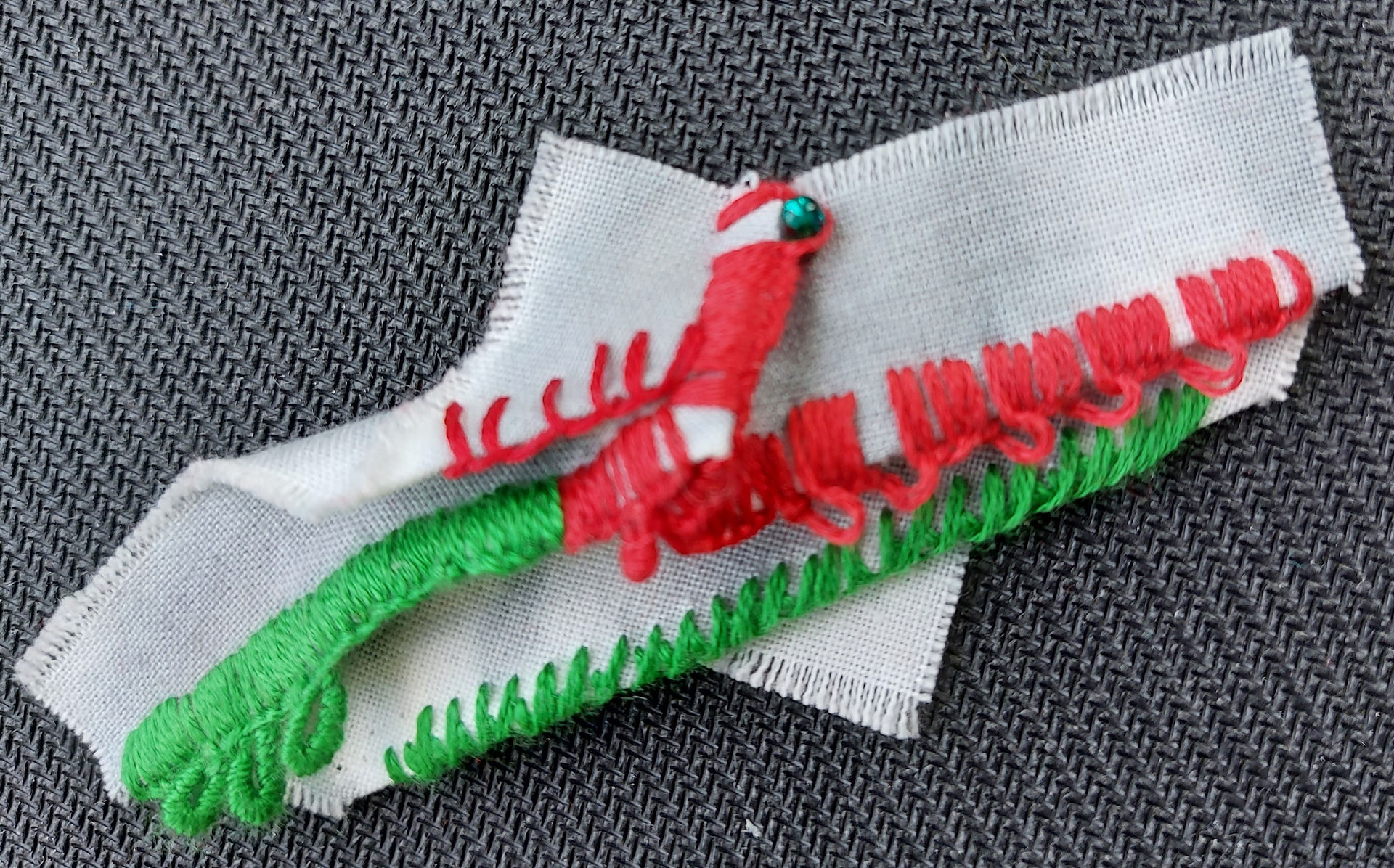 Stitch 22 Challenge - Decorative Edge Stitch I created three panels, each one using a pair of complementary colours. Panel 1 is stitched using thread loops blanket stitch, thread loops chain stitch and detached chain stitch. Panel 2 is stitched using buttonhole stitch, detached chain stitch and detached buttonhole stitch. Panel 3 is stitched using cord stitch, loop picot, bullion picot and buttonhole Stitch. I added a little bead to create a closure and hidden within is a flower shape stitched using bullion knot and french knot. 