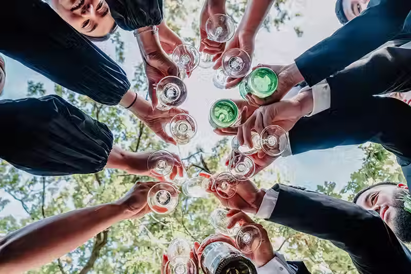 Bangor Farm wedding: guests cheering with champagne glasses, viewed from below, celebrating at a Christchurch wedding.