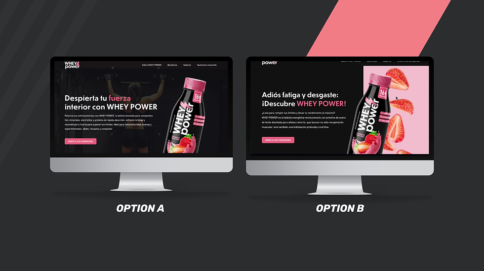 Two computer screens comparing Option A and Option B for the Whey Power campaign's A/B Test, part of the digital concept testing during Grupo Lala’s product innovation sprint.