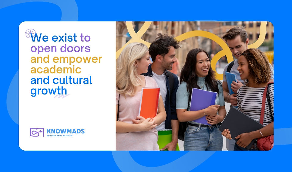 \"We exist to open doors and empower academic and cultural growth\" alongside a group of students smiling and holding notebooks outdoors