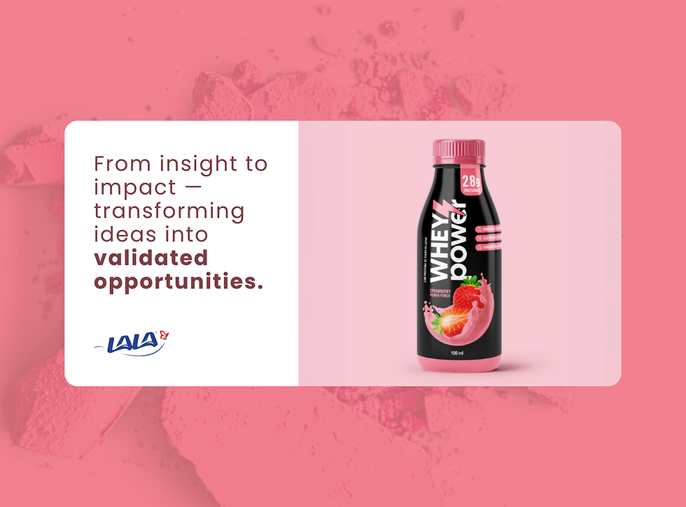 Visual of a Whey Power bottle next to the quote 'From insight to impact – transforming ideas into validated opportunities,' summarizing Grupo Lala’s innovation process.