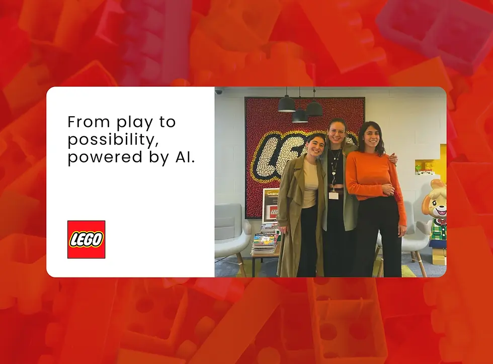 Three smiling members of the Ideafoster team posing in front of the iconic LEGO mural after completing an innovation session. Quote on left panel: "From play to possibility, powered by AI."