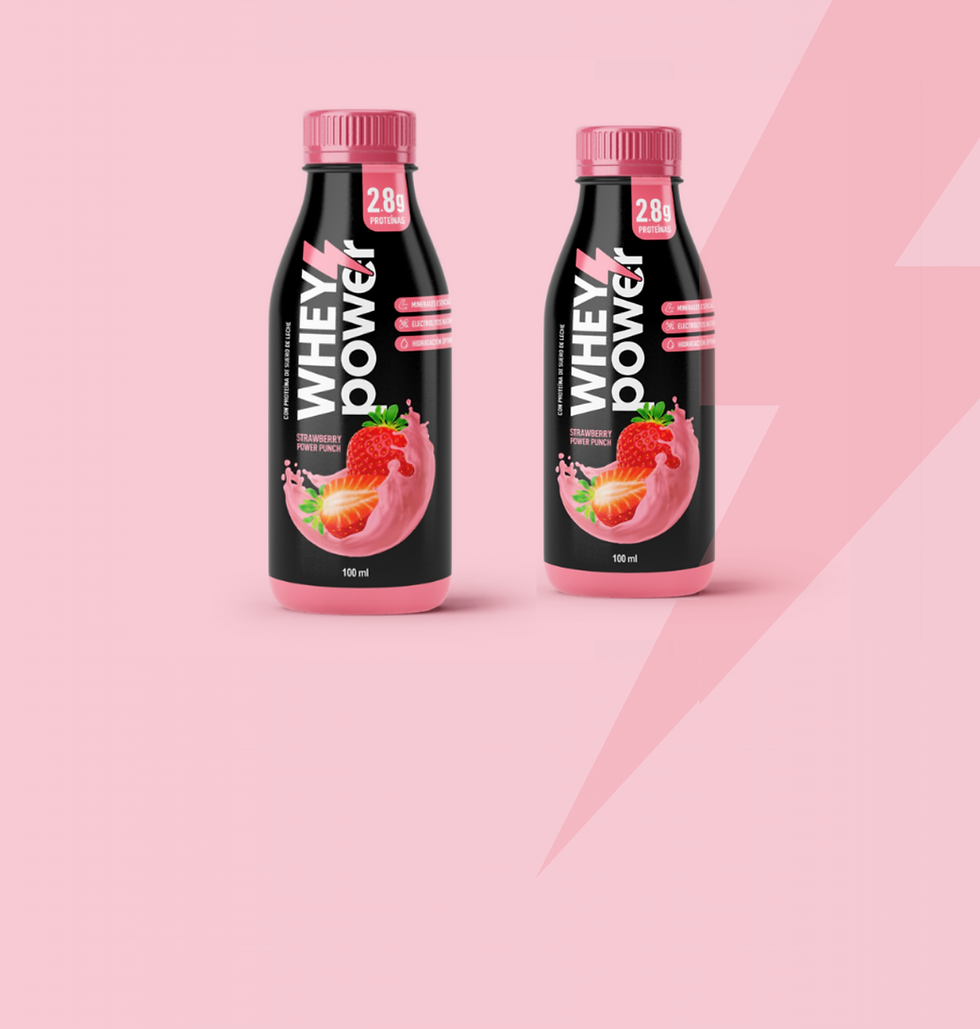 Two bottles of Whey Power protein drink on a pink background, representing Grupo Lala’s innovative packaging design and product concept development.