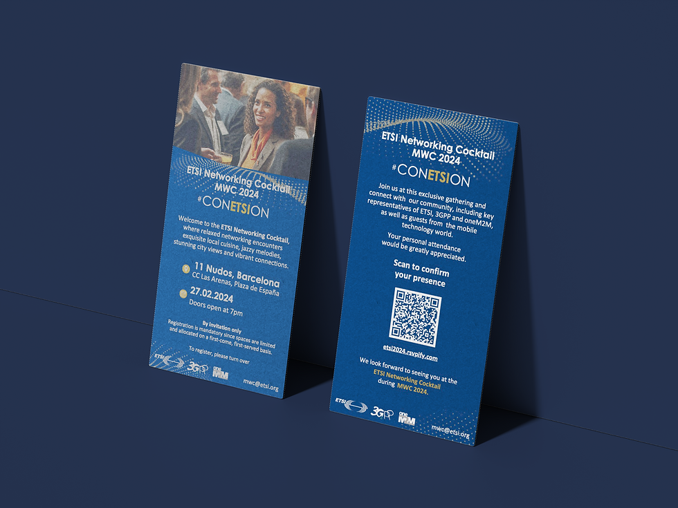 Printed ETSI agenda and event cards designed for professional guests, enhancing the branded networking experience.