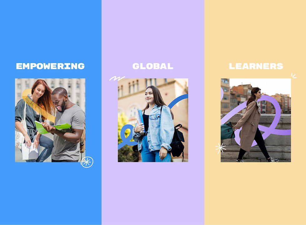 Students sharing notes and backpacks outdoors on a campus lawn over colorful frames with Knowmads new branding