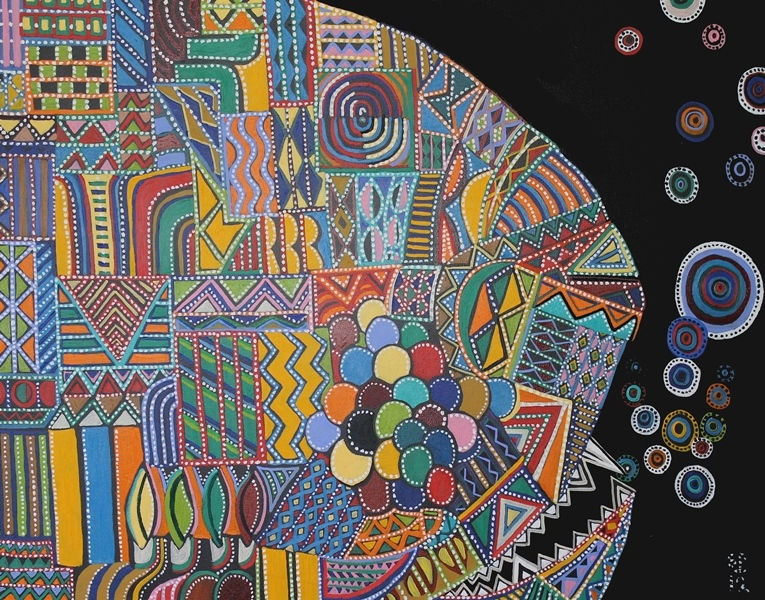 Colorful mosaic profile of a face on black background, filled with geometric patterns and circles, whimsical abstract art.