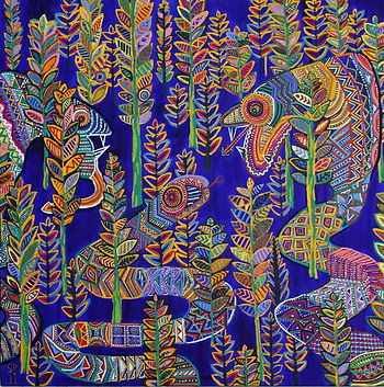 Colorful abstract fish and leafy plants on a deep blue background, with intricate geometric patterns.