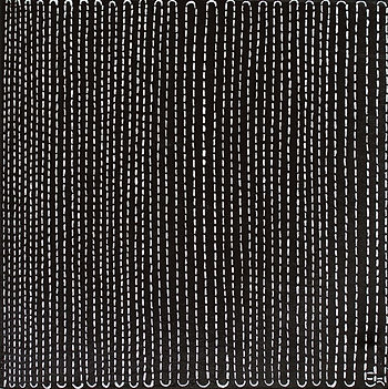 Black textile with dense white dashed vertical lines forming a repetitive abstract pattern.