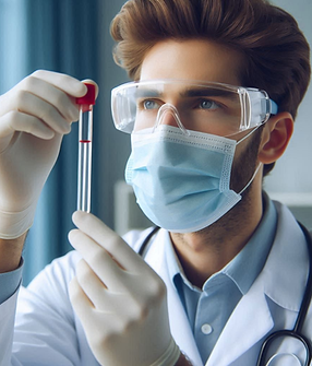 a doctor performing a lab test, holding a test tube, and wearing safety glass.png