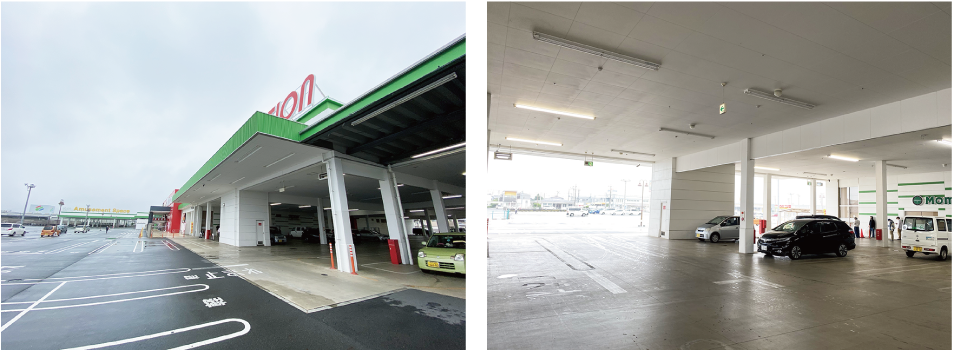 (左)お店の外観 (右)広々した駐車場
