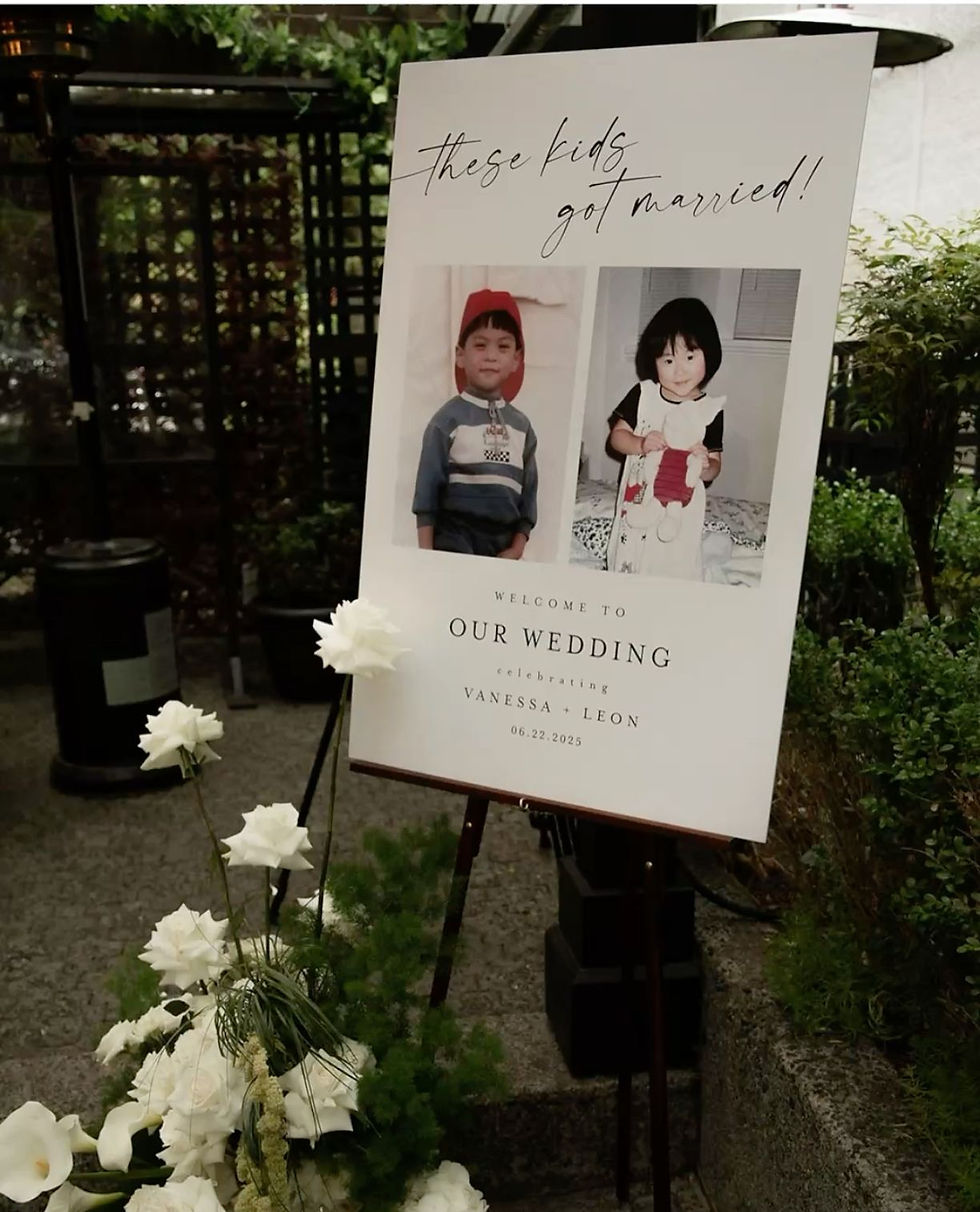 tren dekorasi pernikahan welcome sign dengan foto masa kecil