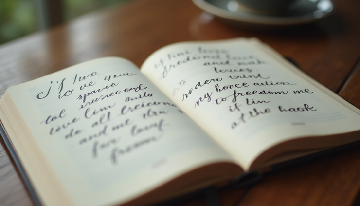 Close-up view of an open journal with handwritten affirmations about love and freedom