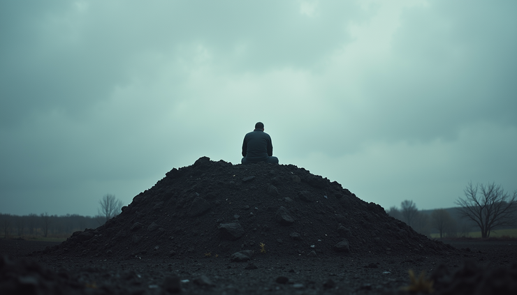 Eye-level view of a solitary figure sitting on an ash heap under a cloudy sky