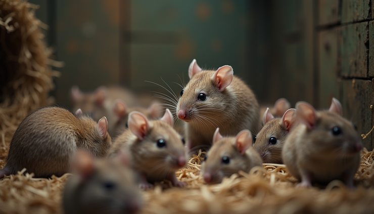 Eye-level view of a crowded mouse enclosure showing limited space
