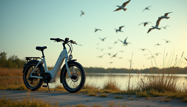 High angle view of an e-bike parked near a freshwater marsh with birds flying overhead