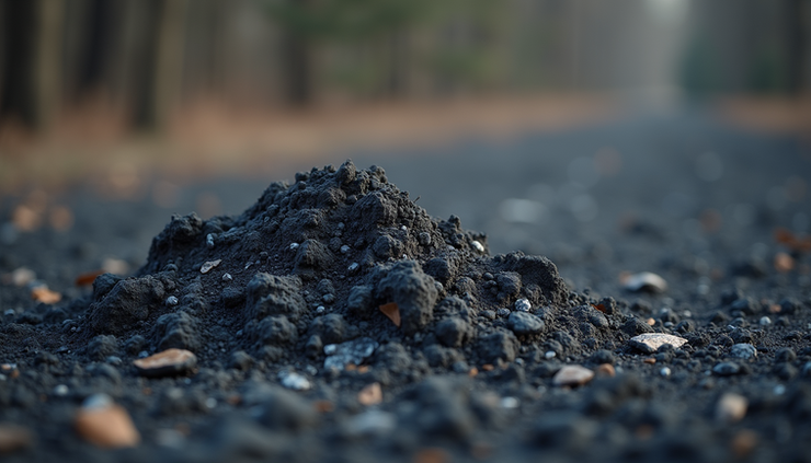 Close-up view of a weathered ash heap with scattered ashes and dry earth