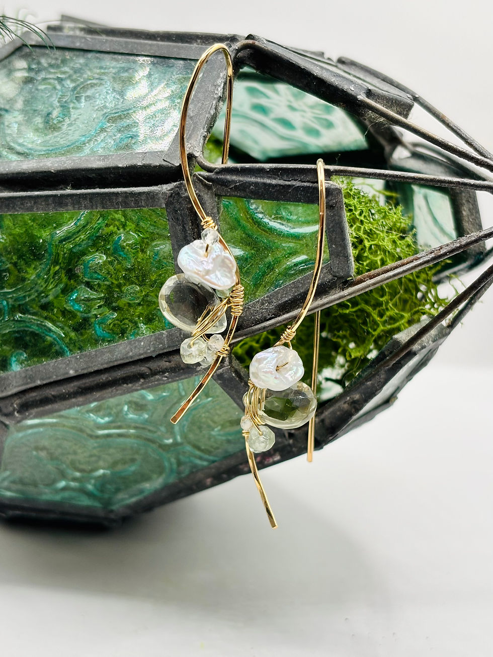 Thumbnail: FLORA Gold Filled Prasiolite and Pearl Cluster Tendril Threaders