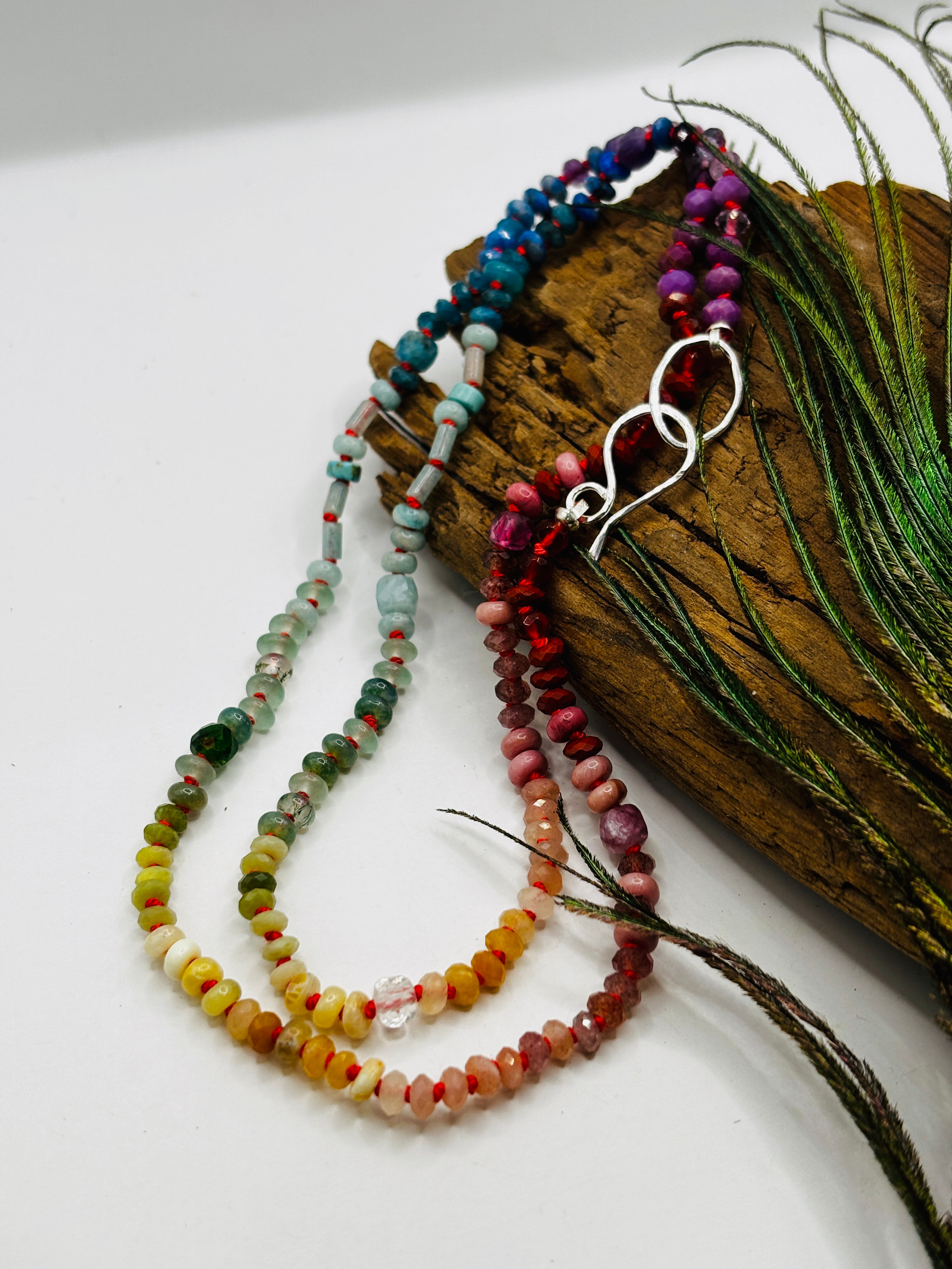 Rainbow Confetti Knotty Necklace on Coral Silk
