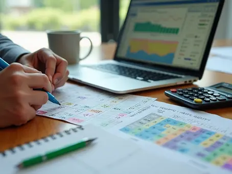 Pessoa marcando números no volante da Lotofácil com calculadora e planilha ao lado 