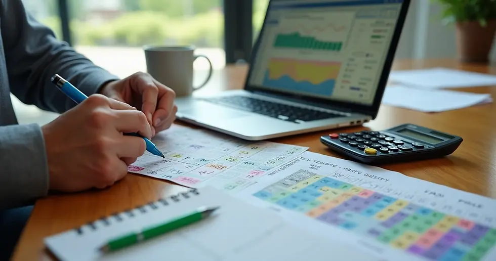 Pessoa marcando números no volante da Lotofácil com calculadora e planilha ao lado 