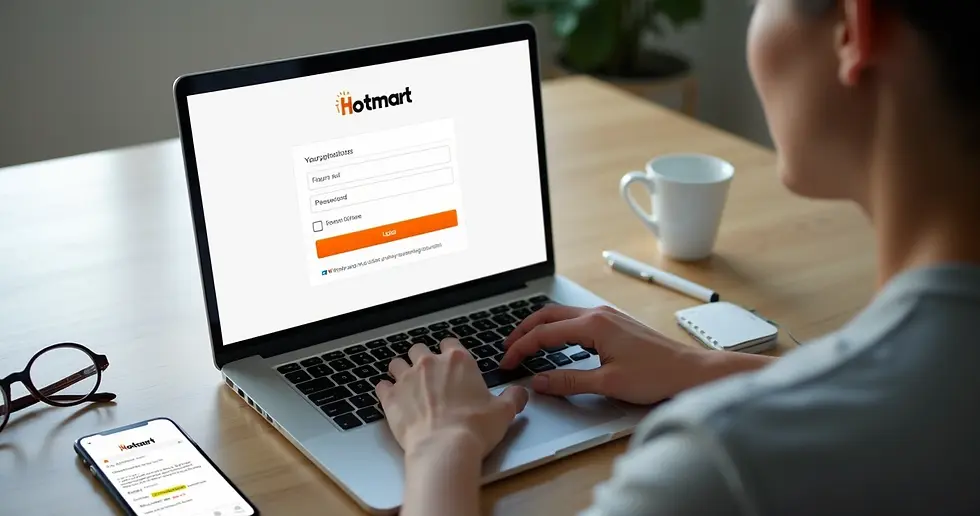 Pessoa acessando a tela de login da Hotmart em um notebook sobre a mesa