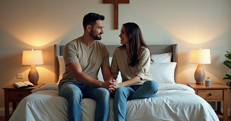 Casal cristão sentado na cama conversando e segurando as mãos
