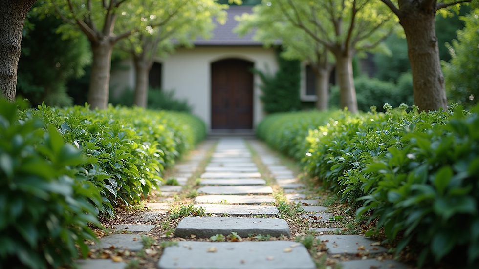 Eye-level view of a quiet monastic garden with stone paths and green plants