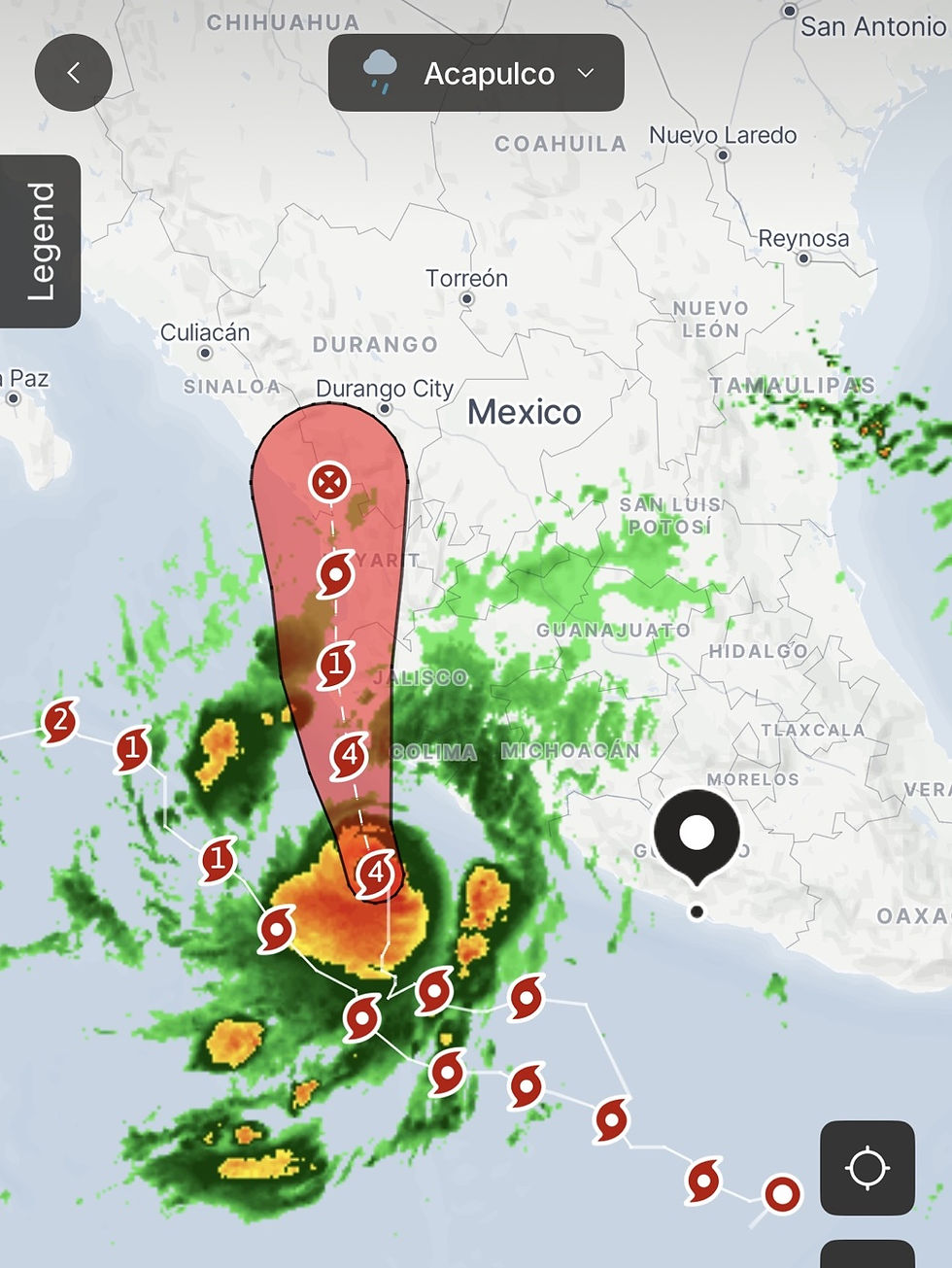 Historical October 2026 Hurricane Simon forecast map near Mexico's Pacific coast, not current weather
