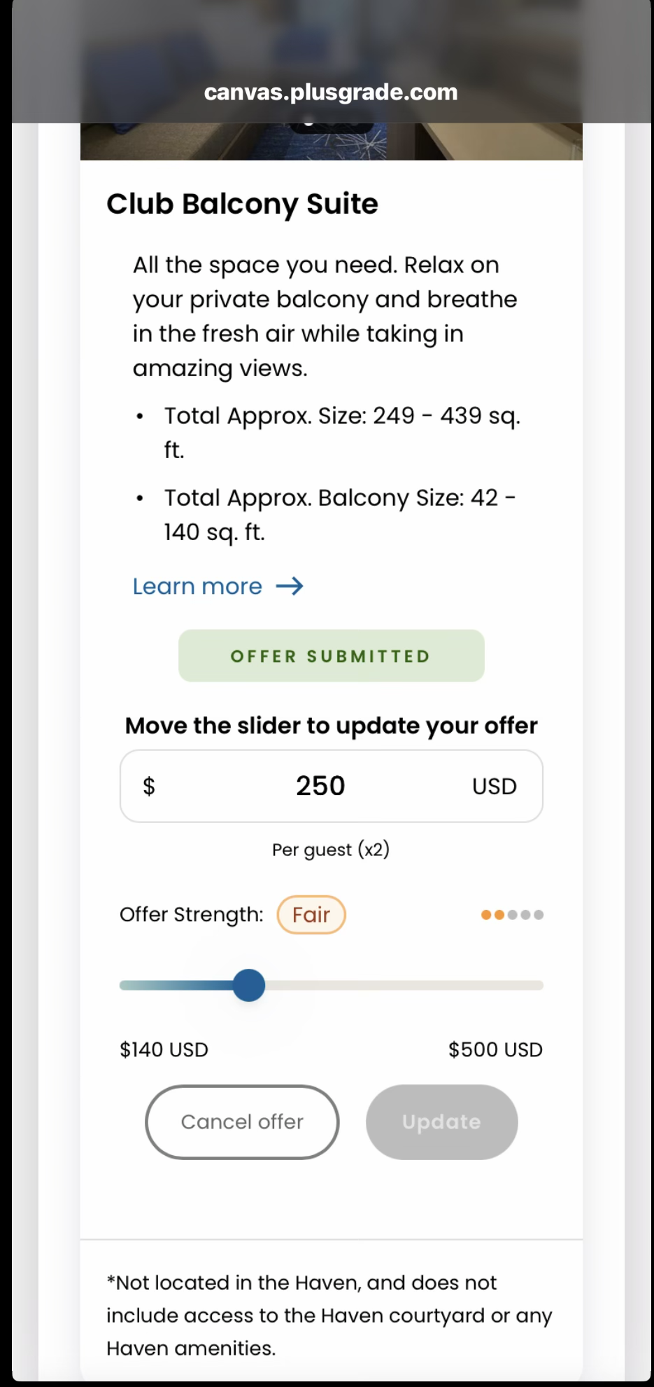 Actual Norwegian Club Balcony Suite bid screen showing a submitted 250 dollar offer per guest