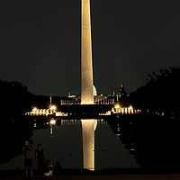 Washington Monument illuminated at night and reflected in the pool.