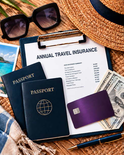 Travel essentials arranged around an annual travel insurance coverage summary, with passports, oversized black sunglasses, a straw hat, a purple payment card, and a pen.