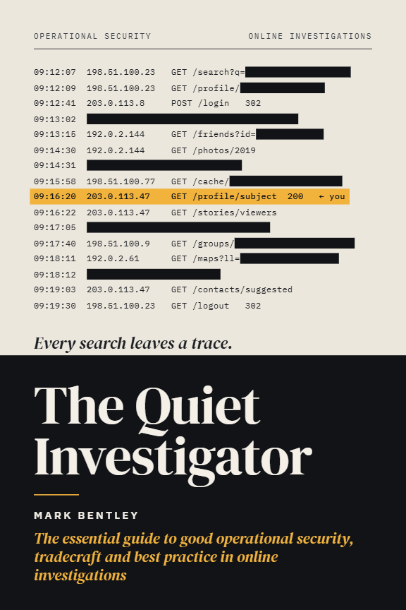 The Quiet Investigator by Mark Bentley, book cover: a guide to operational security in online investigations