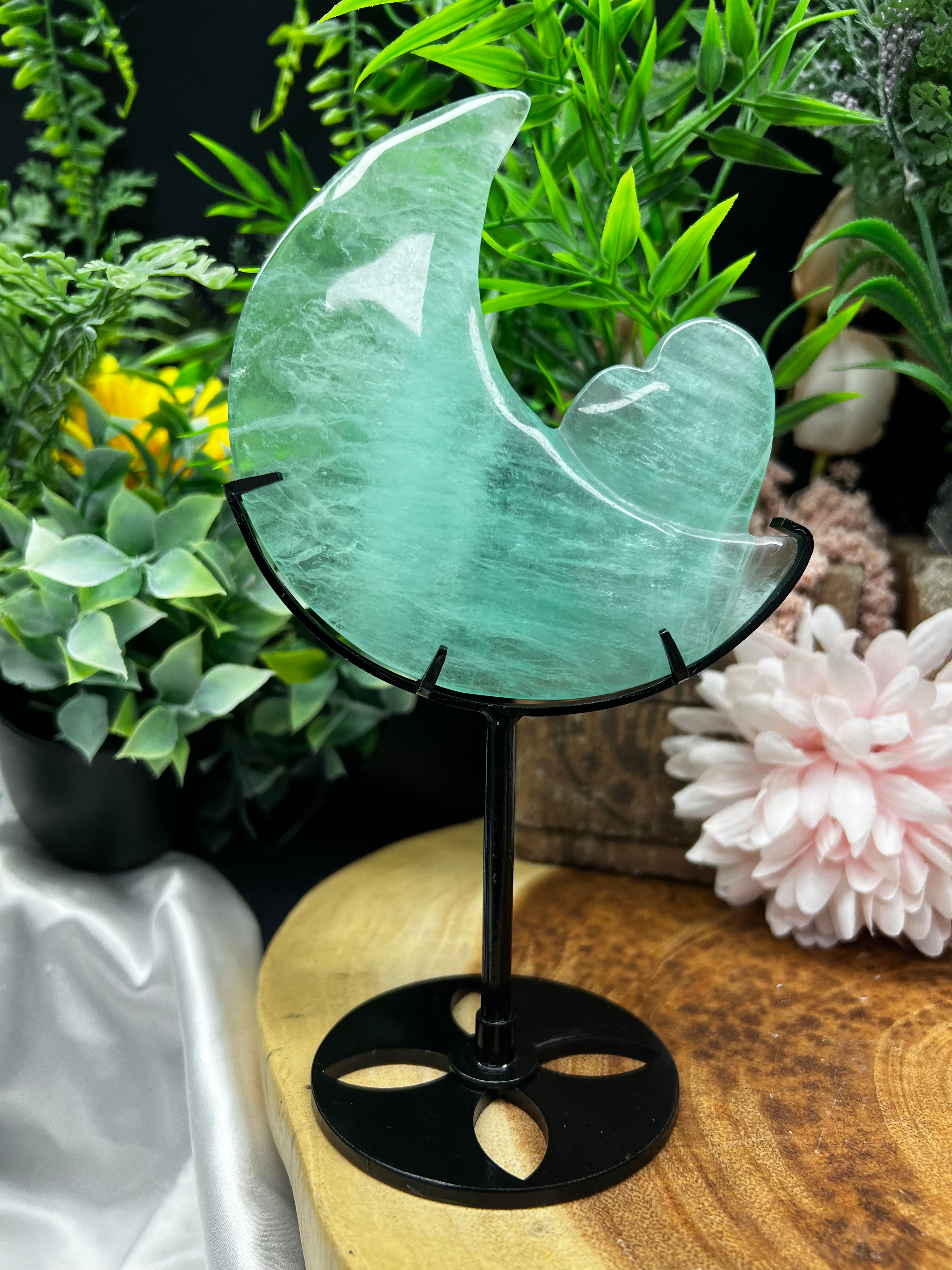 GREEN FLUORITE MOON WITH HEART IN STAND