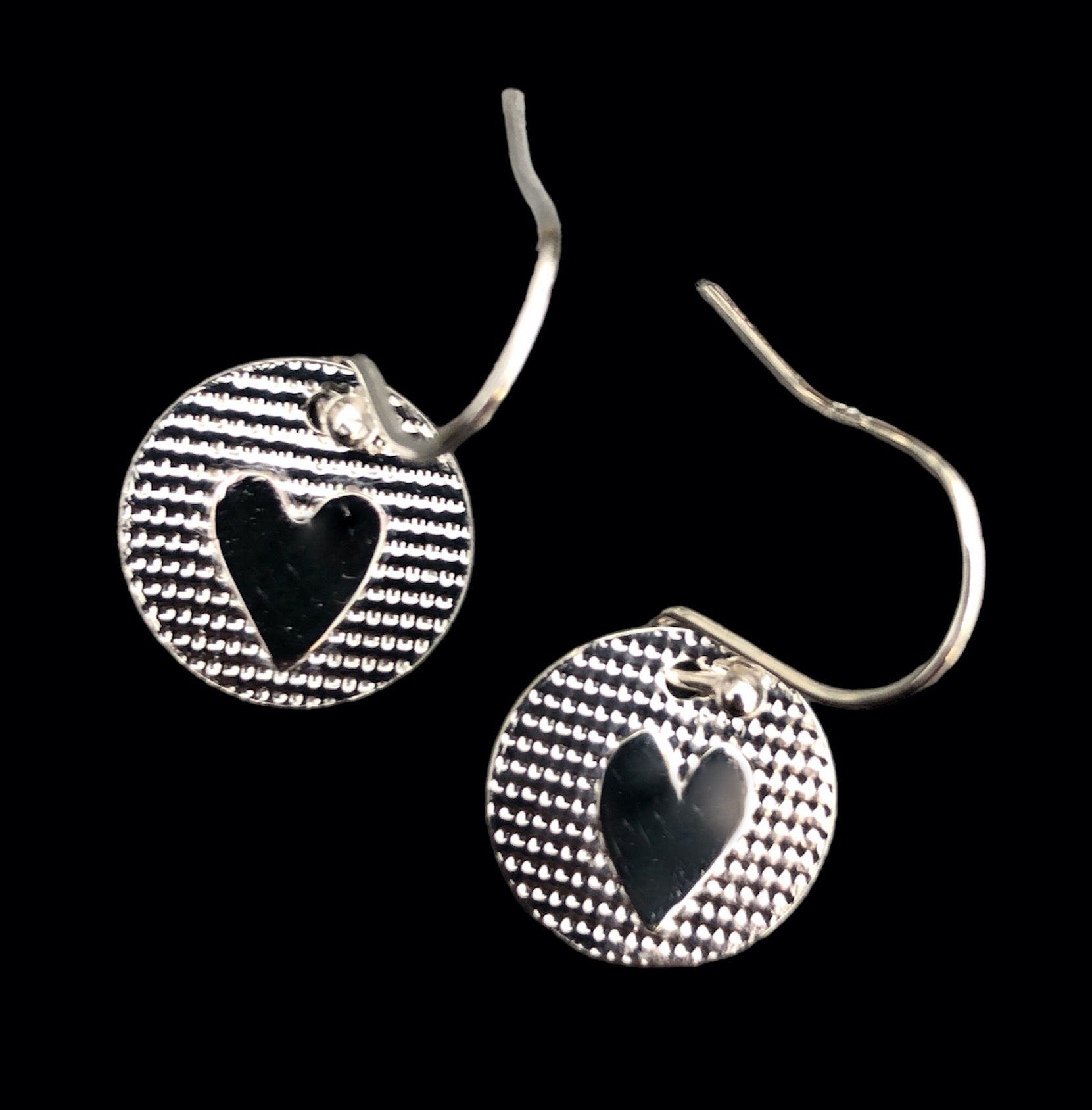 Textured Silver Heart Disc Earrings