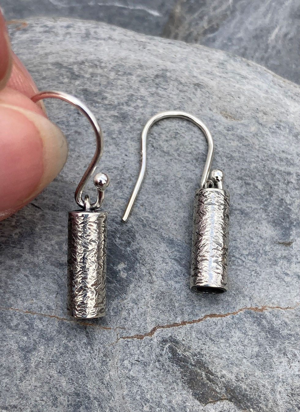 Thumbnail: Textured Silver Tube Earrings oxidised