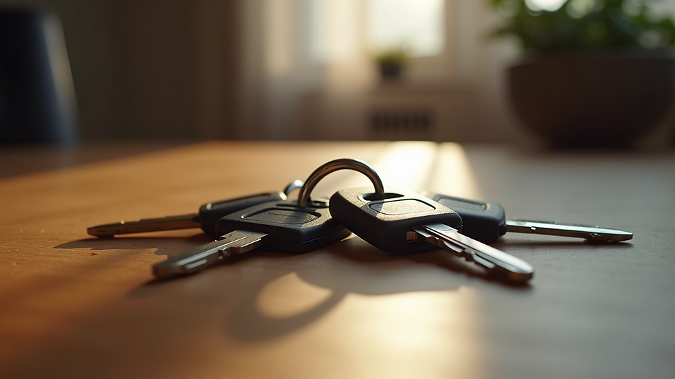 Close-up view of car keys on a wooden table