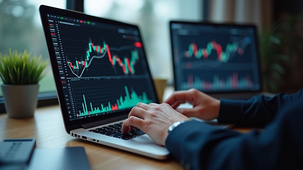 High angle view of a person typing on a laptop with financial charts on screen