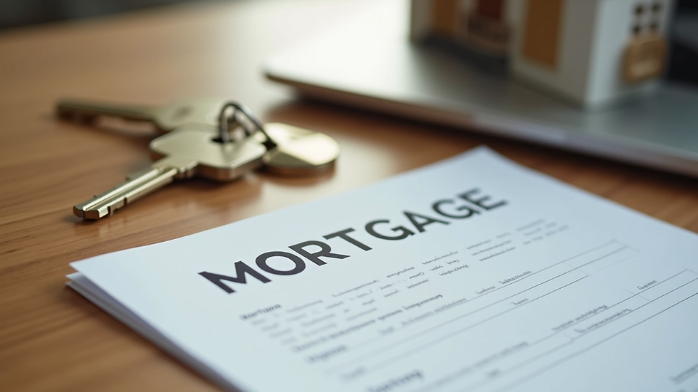Close-up view of a mortgage document and house keys on a wooden table