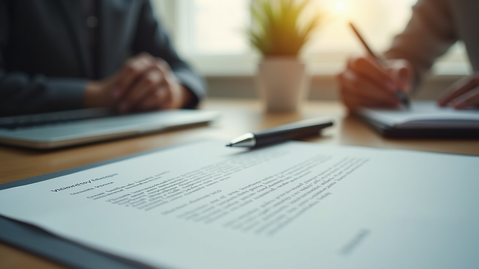 Eye-level view of a desk with a typed letter and pen ready for signing