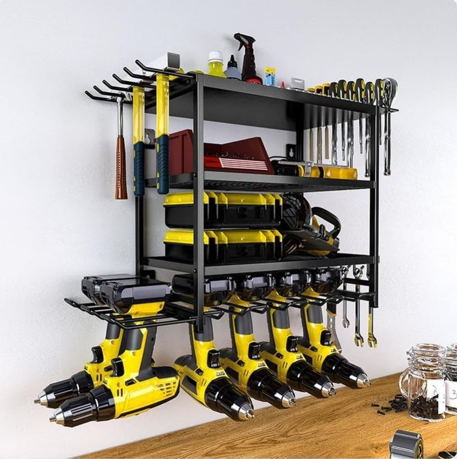 CARLA HOME 4-Tier Power Tool Rack Organizer Wall Mount with Drill Holder &