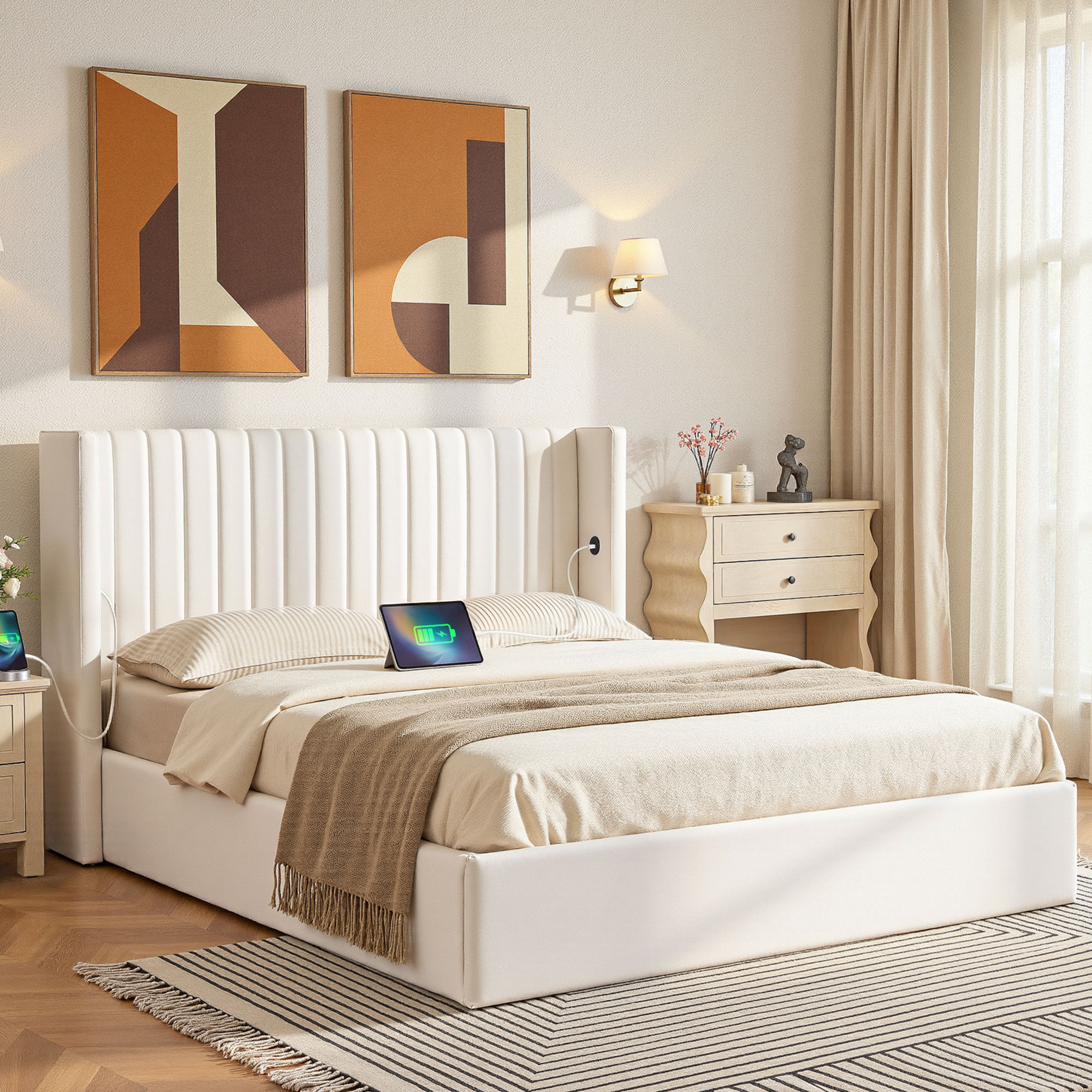 Artiss Double Bed Frame with Gaslift Storage USB Type-C Charging Ports Velvet