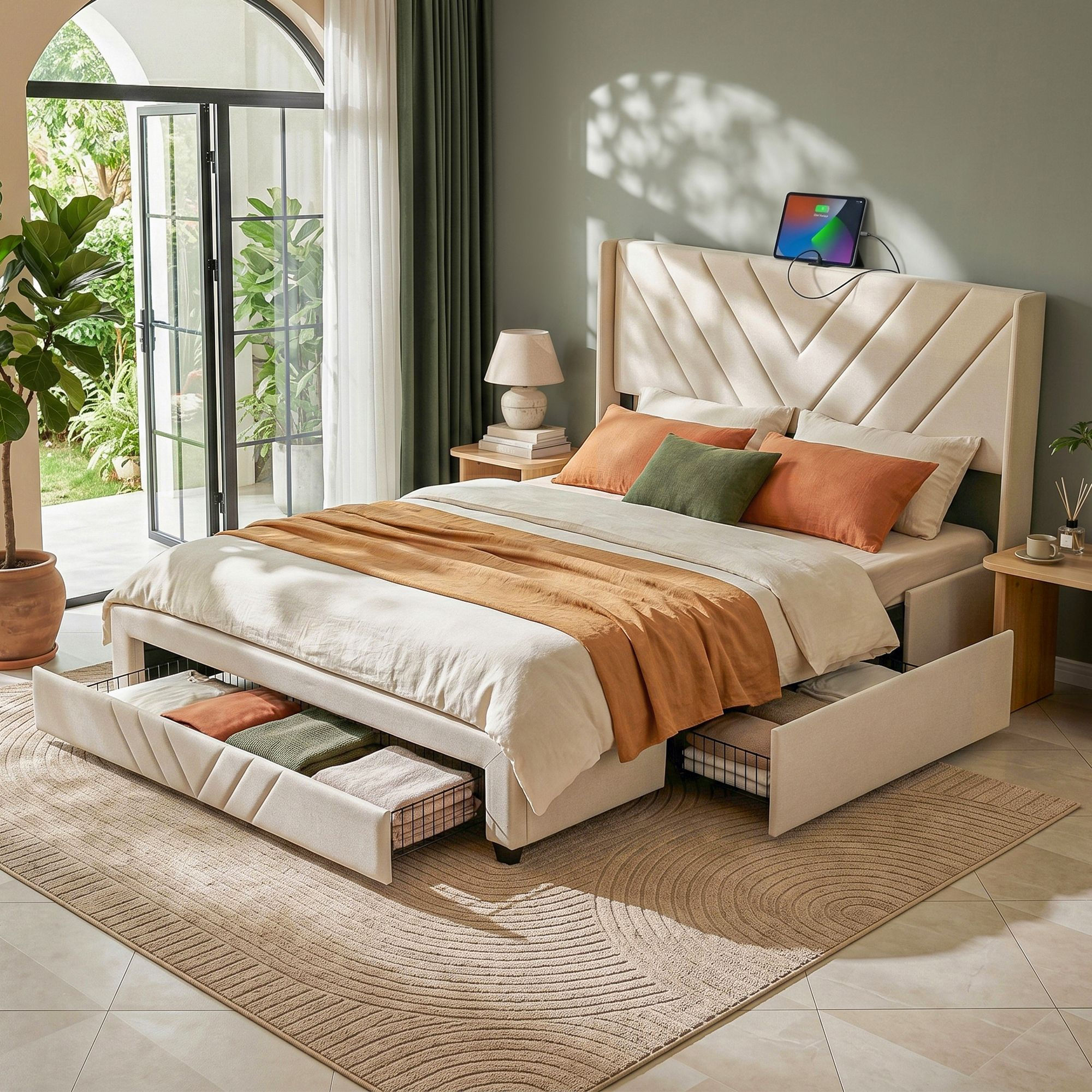 Artiss Queen Bed Frame with Charging Station and Storage Drawers Beige 300KG