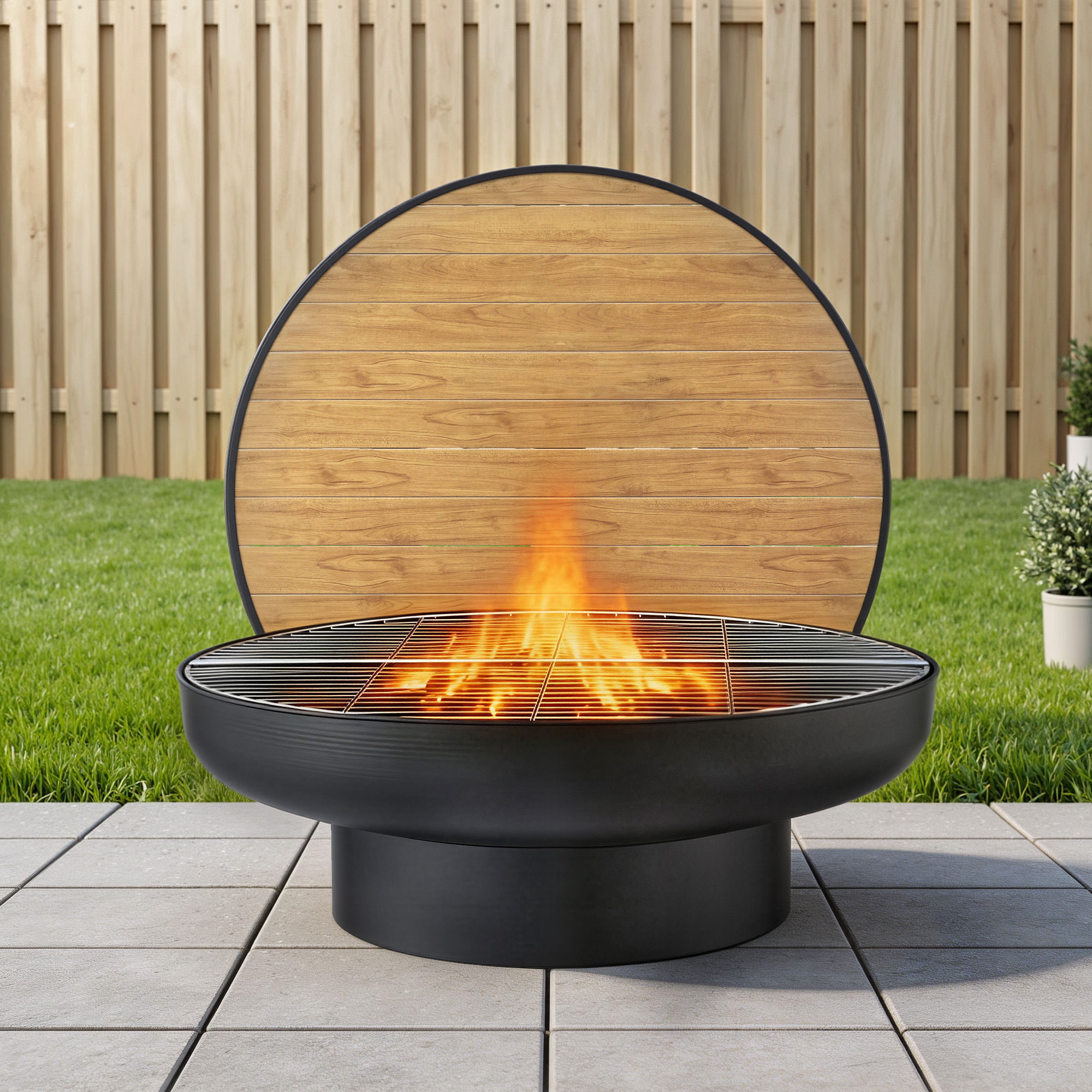 Grillz Fire Pit Table with Lid Deep Fire Bowl Wood Burning BBQ Grill for