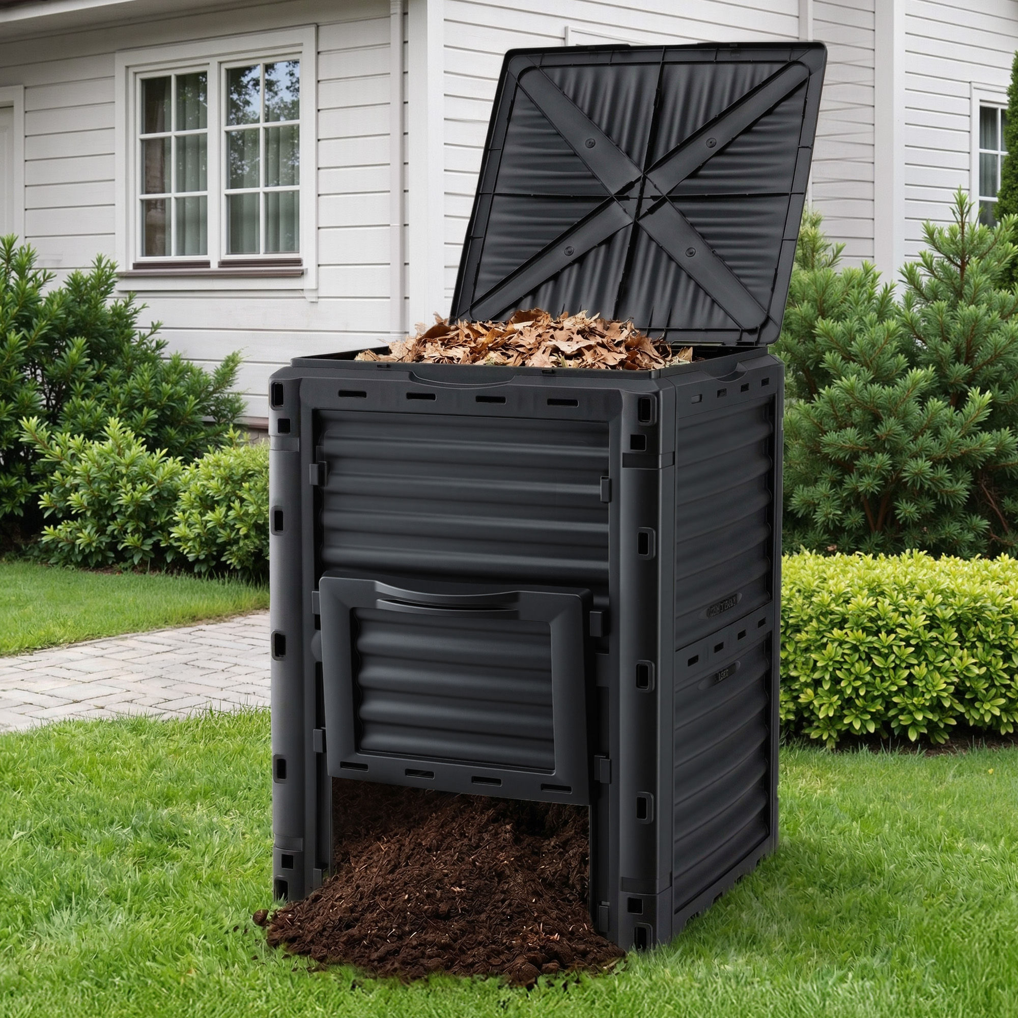 Gardeon Compost Bin 300L Heavy-Duty Black Outdoor Composter with Top Lid Bottom